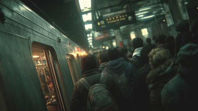 A crowded subway train filled with commuters during rush hour, showcasing urban public transportation and daily city life.