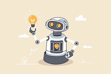 AI artificial intelligence technology to think and advice new idea, machine learning chatbot to support and help, innovation or automation, smart robot with AI chip thinking about new lightbulb idea.