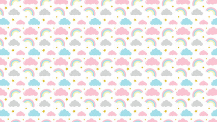 Pastel pattern featuring clouds rainbows and stars on a white background in a repeating design