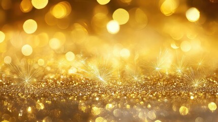 Golden glitter sparkles with bokeh lights, creating a dazzling effect. Ideal for holiday, celebration, or premium product advertisements.