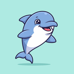 Naklejka premium Cute cartoon dolphin leaping with cheerful expression on a light background