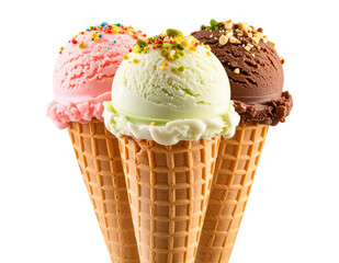 Triple-Scoop Ice Cream Cone with Mixed Flavors and Dripping Toppings, isolated on a transparent background.