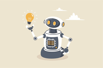 AI artificial intelligence technology to think and advice new idea, machine learning chatbot to support and help, innovation or automation, smart robot with AI chip thinking about new lightbulb idea.