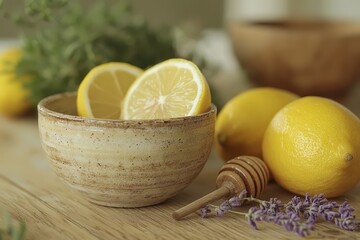 Lemons in a rustic bowl with honey and lavender on wooden table. Perfect for blog about healthy food or lemonade recipe.