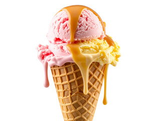 Melting Ice Cream Cone with Colorful Drips, Top-Down View, isolated on a transparent background.