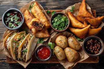 Overhead shot of assorted international street foods including tacos, dumplings, and falafel, placed on parchment paper with dipping sauces