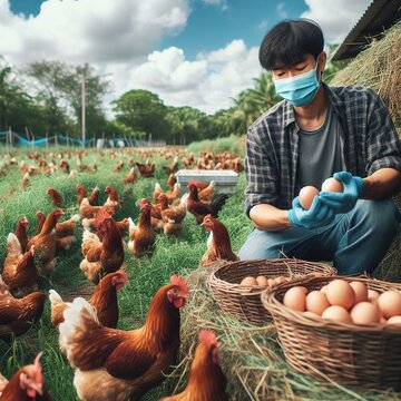 Man farmer working with chickens hends eggs agriculture stocklife concept
