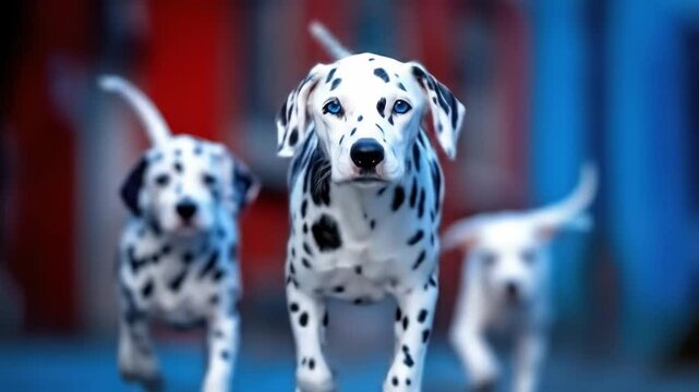 Group of dalmatian puppies running toward camera
