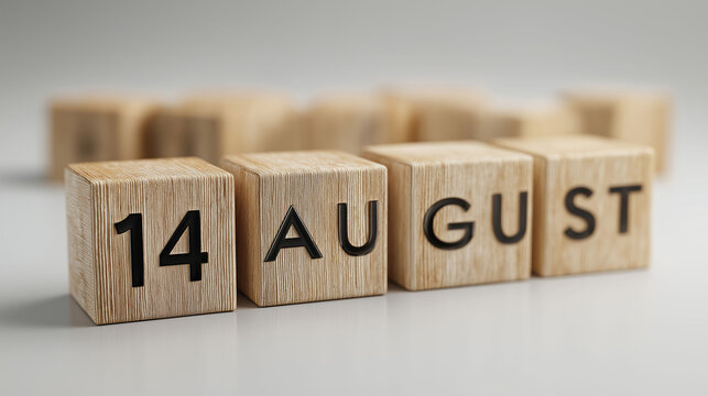 August 14th Date: A close-up shot of wooden blocks displaying the date August 14th, offering a simple yet effective visual representation of time.