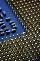 A blue circuit board featuring white resistors and gold connection points