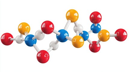 Molecular structure with red, yellow, blue, and white spheres connected. It&rsquo;s great for science, medicine, and education related projects.