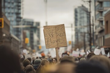 Diverse crowd at peaceful protest holding sign promoting love and unity in urban environment