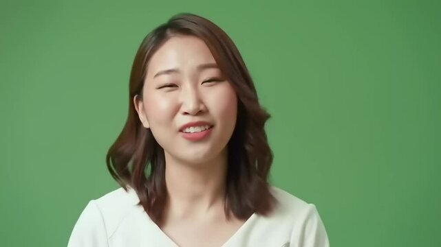 Young woman smiling and waving cheerfully against a vibrant green background, conveying friendliness - Powered by Adobe