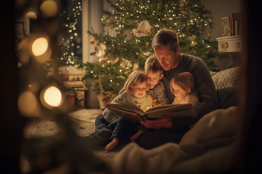 Caucasian father reading to children by christmas tree in cozy living room