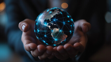 Hands Offering Hologram Earth with Network Nodes — Global Unity Concept.
