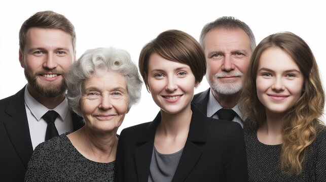 Smiling group portrait of diverse caucasian family with three generations in business attire - Powered by Adobe