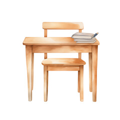 Fototapeta premium A watercolor illustration of a school desk and chair set. Ideal for educational design elements and back-to-school materials.