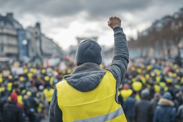 Protest scene with male participant in yellow vest raising fist amid urban crowd
