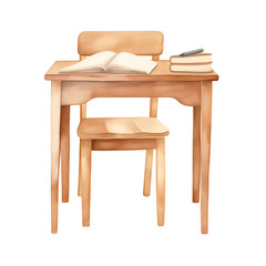 A watercolor illustration of a school desk and chair set. Ideal for educational design elements and back-to-school materials.