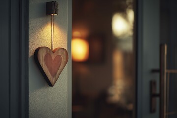 Wooden heart-shaped wall decoration with warm ambient lighting
