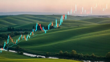 Financial growth chart overlay on serene green landscape - Powered by Adobe
