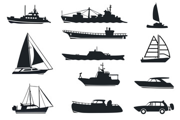 Boat and Ship Silhouette Icons – Diverse Maritime Transport Set