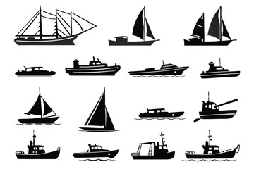 Boat and Ship Silhouette Icons – Diverse Maritime Transport Set