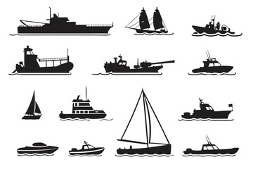 Boat and Ship Silhouette Icons – Diverse Maritime Transport Set