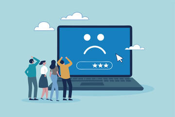 Computer outage, error or failure causing by software update mistake, operating system crash or cyber attack, server down or technical issue concept, people victims looking at computer laptop outage.