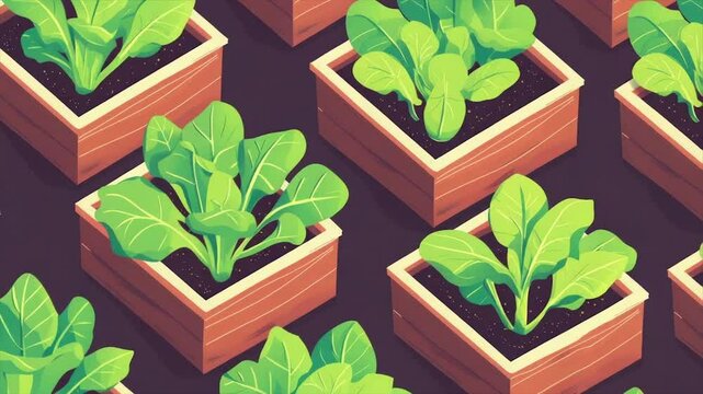 Lush green leafy plants thrive in neat, square wooden planters, arranged in a repeating pattern