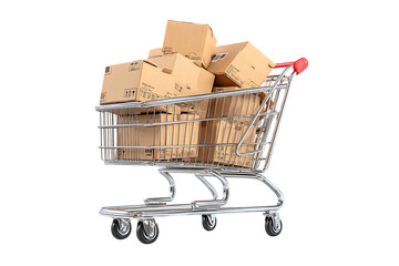 Shopping cart full of cardboard boxes.