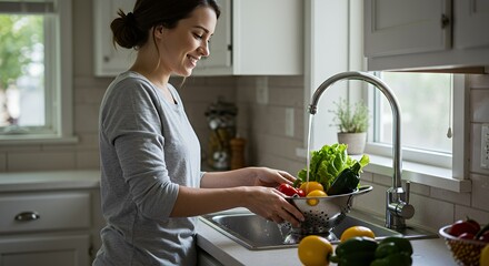 Woman Washing Fresh Vegetables in Kitchen Sink with Running Water
