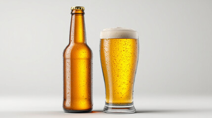 a light glass beer bottle next to a filled beer glass, visible condensation, golden beer color