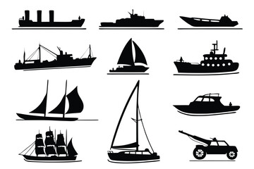 Black Maritime Silhouettes – 16 Ship and Boat Vector Icons