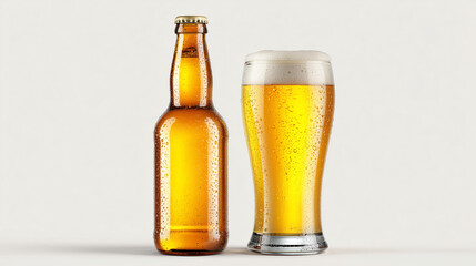 a light glass beer bottle next to a filled beer glass, visible condensation, golden beer color