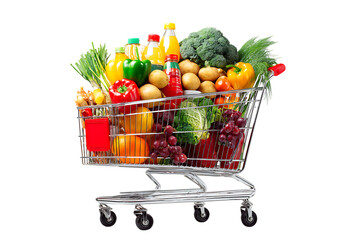 Fresh fruits, vegetables, and drinks in a supermarket shopping cart.