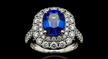 Stunning Sapphire and Diamond Ring on Black Background, Luxurious Blue Sapphire Engagement Ring with Diamonds, Exquisite Gemstone Jewelry: Oval Sapphire and Diamond Halo Ring.