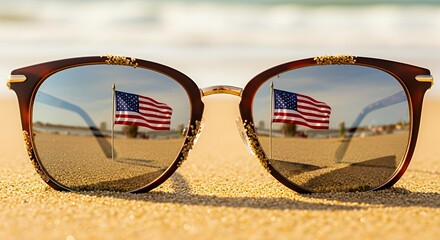 American Flag Reflected in Sunglasses on Beach Sand During Summer
