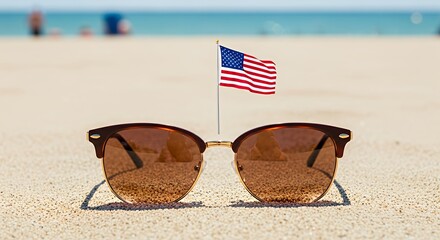 Sunglasses on Beach Sand with American Flag Celebrating Summer Holidays