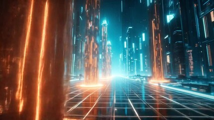 Floating binary towers projecting from a neon-lit grid in a virtual cyberspace city - Powered by Adobe