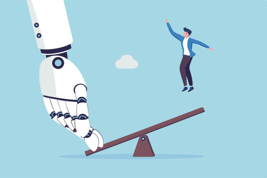 Artificial intelligence to support and help business success, AI automation tech, innovation boost employee development, assistant for improvement concept, robot hand help businessman jump on seesaw.