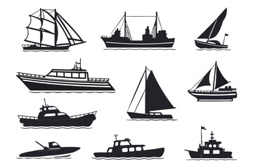 Sixteen Ship and Boat Silhouettes – Black Maritime Icon Set