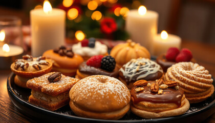 A close-up of a plate of assorted decorated pastries, lit by candles.