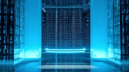 Futuristic architecture simulation using binary code wall and glowing LED base