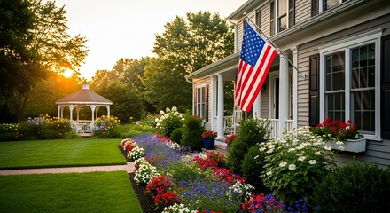 American Flag Waving on Beautiful Suburban Home at Sunset with Flower Garden