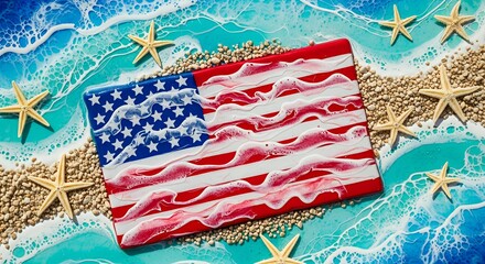 American Flag Art with Resin Ocean Waves and Starfish Decoration