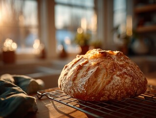 Freshly baked artisan bread cozy kitchen food photography warm atmosphere close-up culinary delight