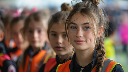 Young athletes in bright orange safety vests stand in a line outdoors, listening with concentration during a sports event or training session on a cloudy day