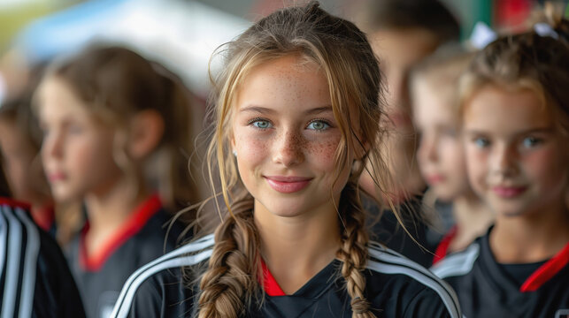 A group of attentive children in sports uniforms listen carefully during an outdoor event, standing close together with focused expressions under natural daylight