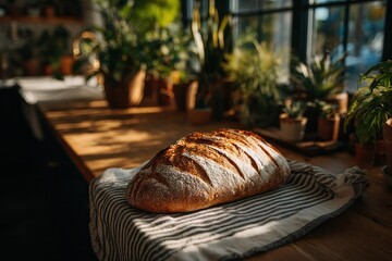Freshly baked sourdough bread on table surrounded by green plants cozy kitchen setting warm lighting